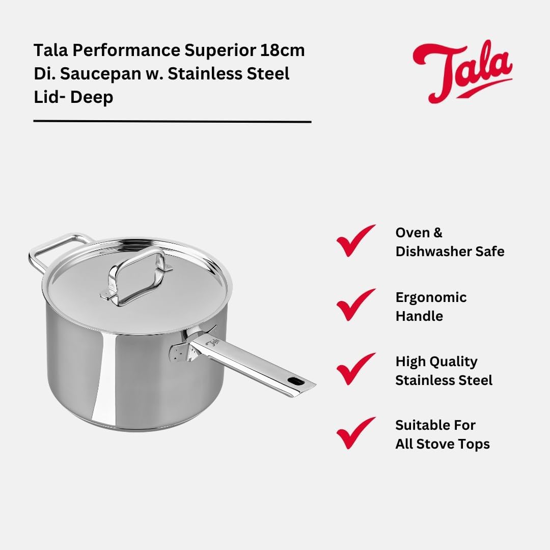 Tala Performance Stainless Steel 18cm Dia Deep Saucepan with Lid, Silver - Image 2