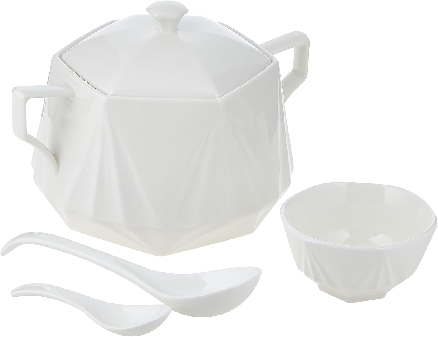 Shallow Soup Set with Bamboo Stand (31.5 x 27 x 22.5 cm, White) 15 Pieces - Image 2