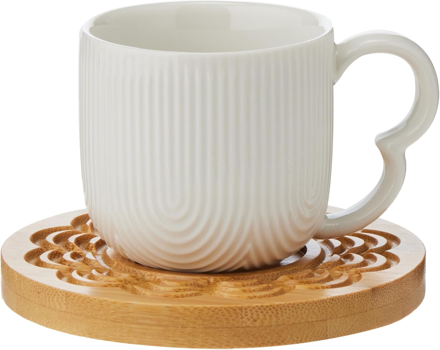 Shallow Tea Cup & Saucer with Bamboo Stand, White, 90ml - Image 4