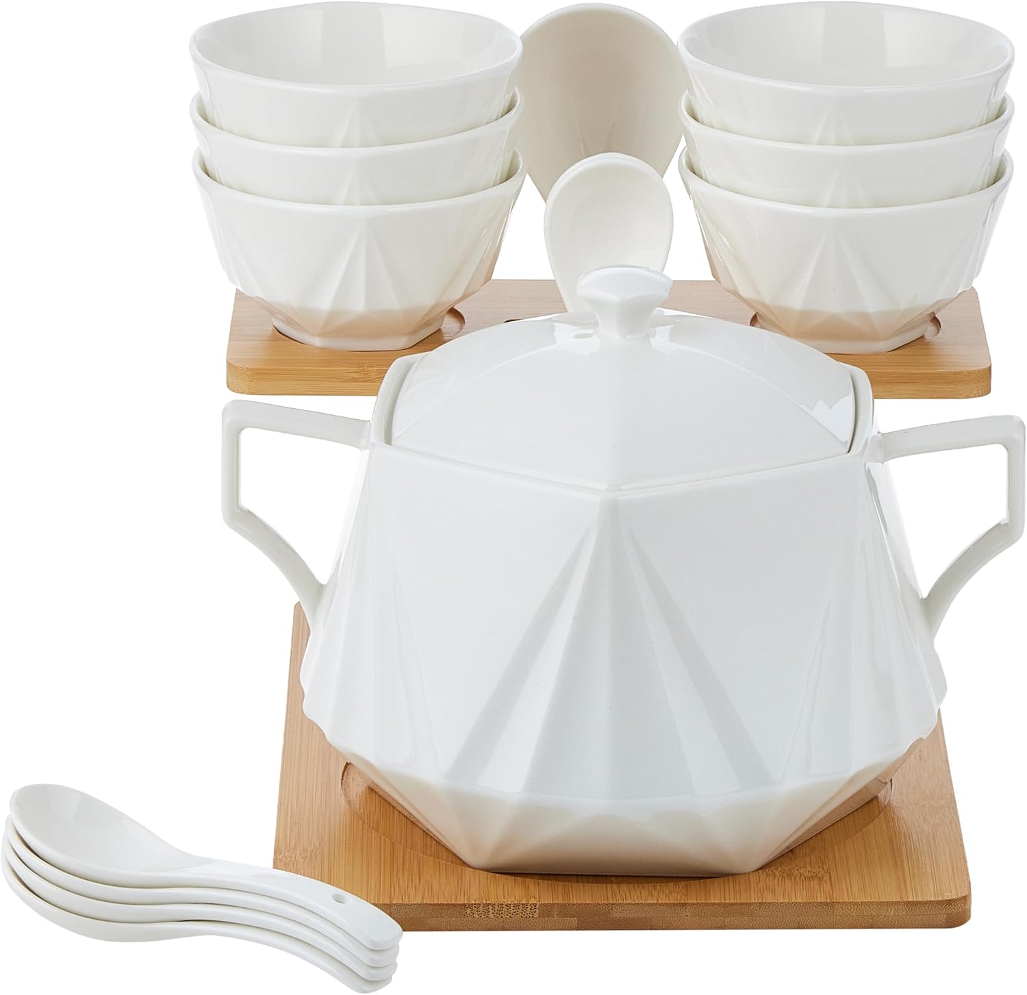 Shallow Soup Set with Bamboo Stand (31.5 x 27 x 22.5 cm, White) 15 Pieces