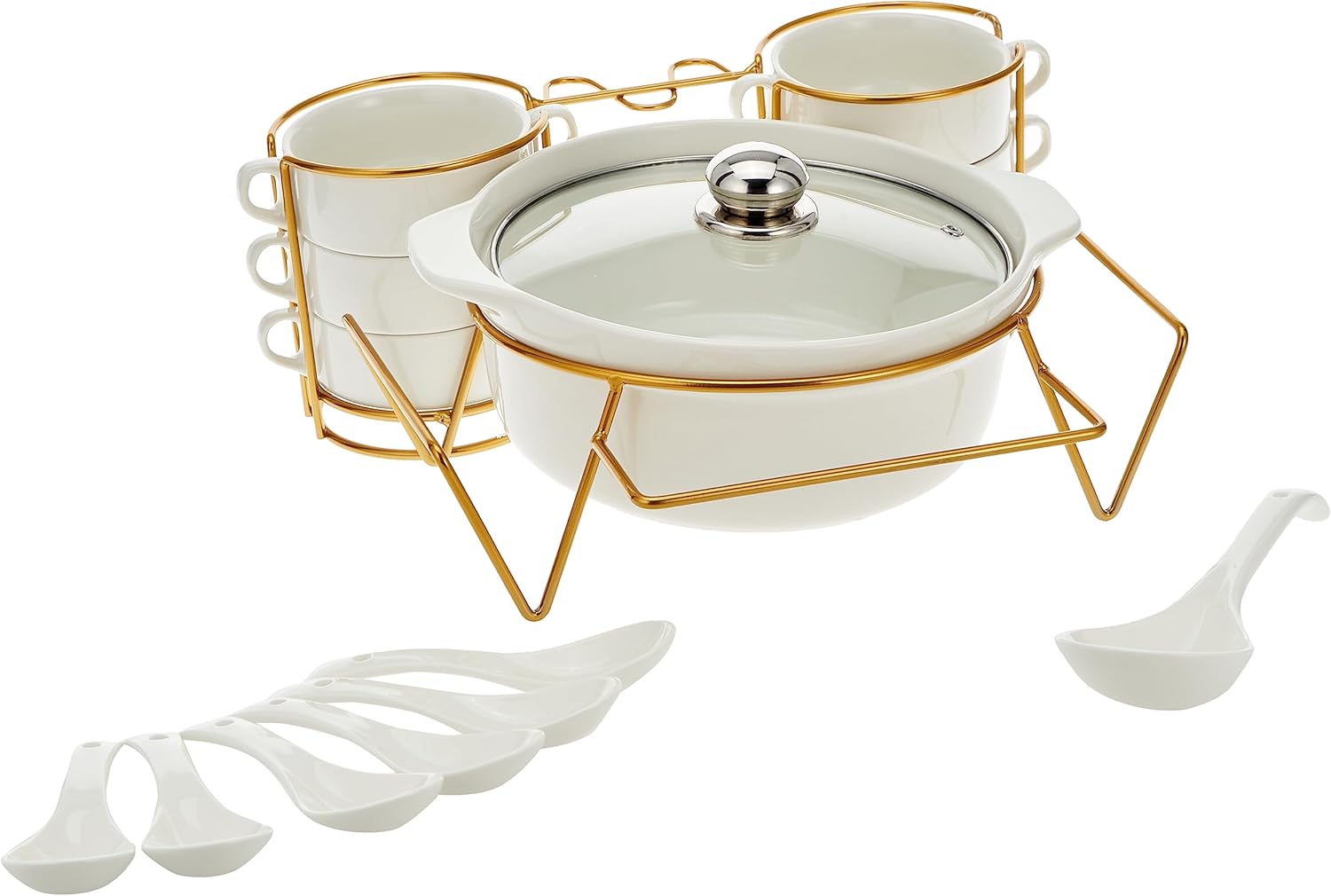 Shallow Soup Bowl Set with Gold Stand (10.5 inch/6.25 inch, White, 15 Pieces)