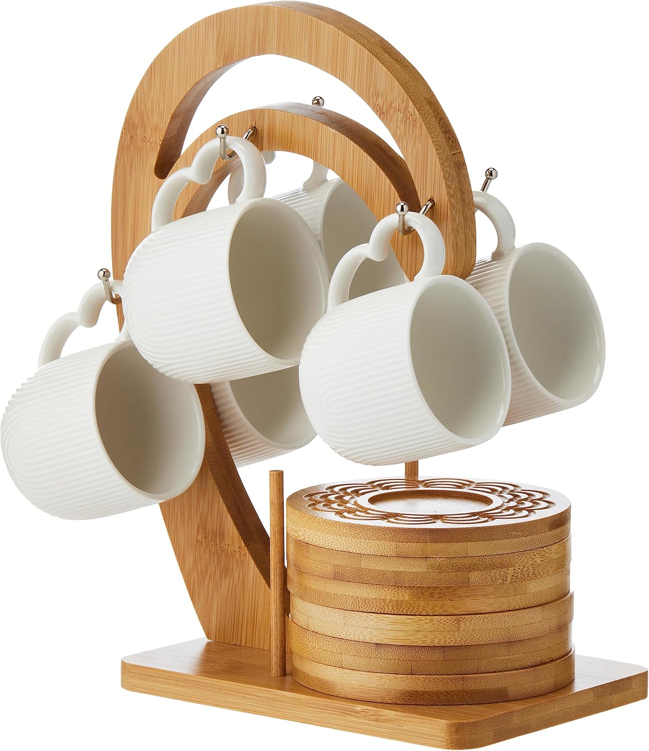 Shallow Tea Cup & Saucer with Bamboo Stand, White, 90ml