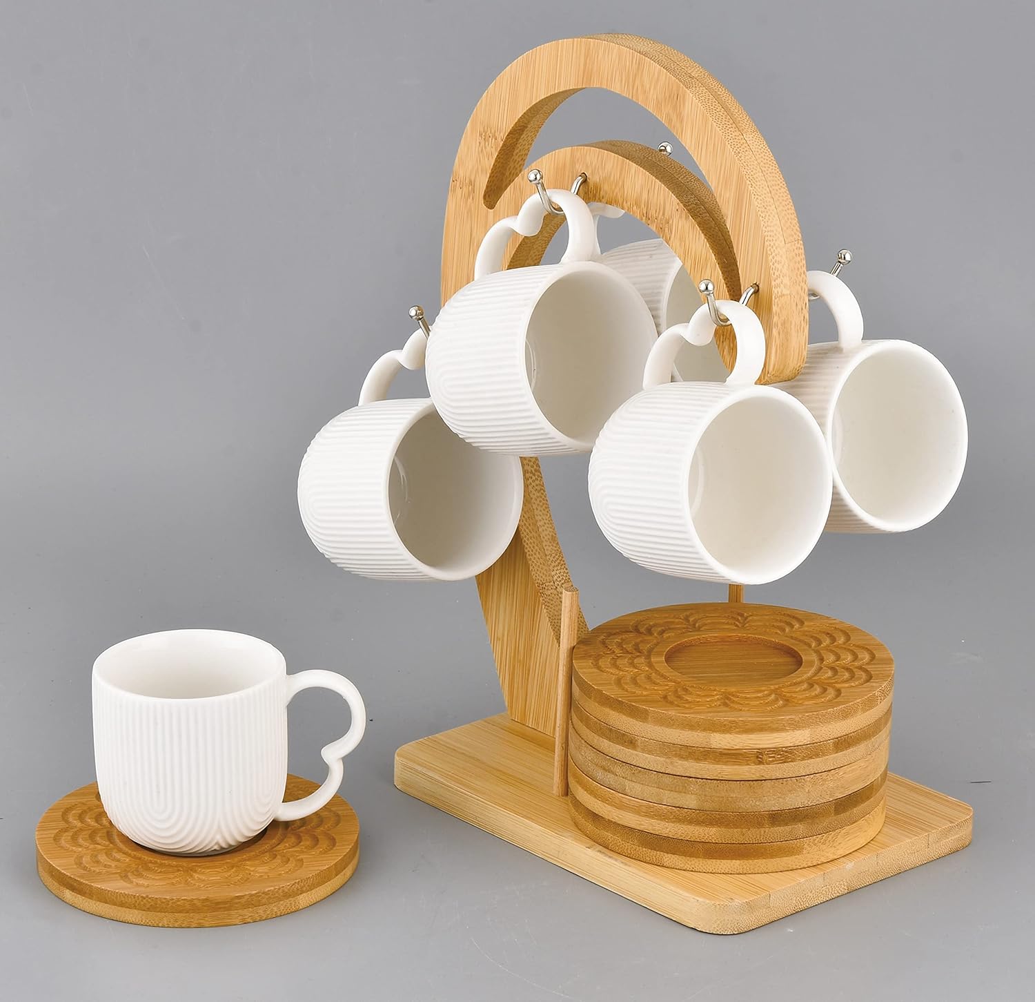 Shallow Tea Cup & Saucer with Bamboo Stand, White, 90ml - Image 2