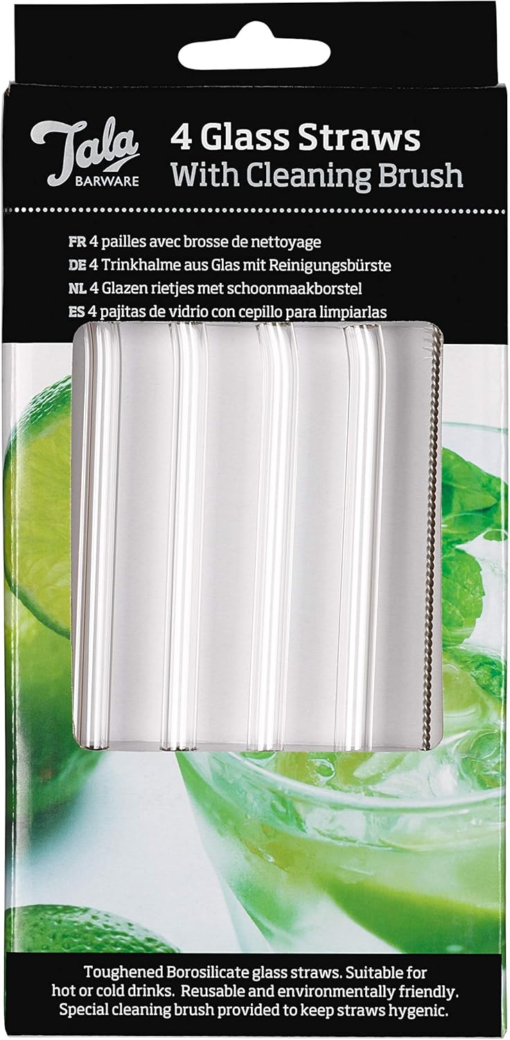 Tala Barware 4 Bent Glass Straws with Brush In Colour Box