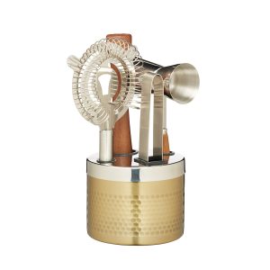 BarCraft Five Piece Hammered Brass Finish Cocktail Tool Set, Gift Boxed