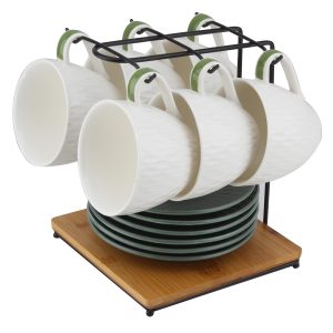 6 tea cups+6 saucers+1 rack, 6.8*8cm/13.5cm, color GRN