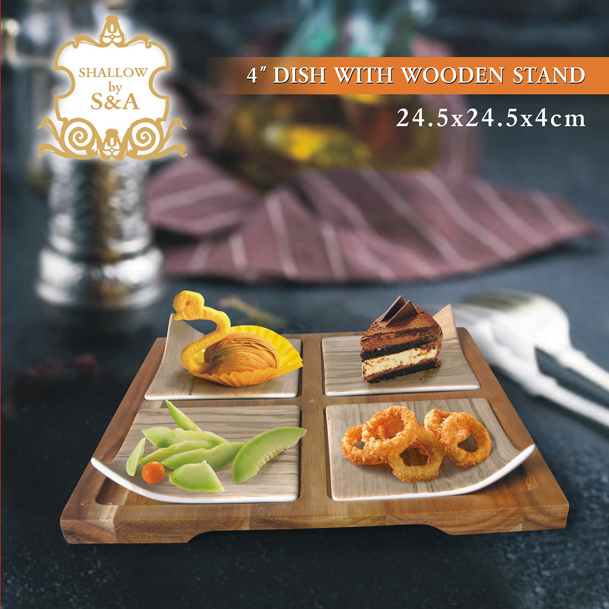 4*dish with wooden stand - Image 3