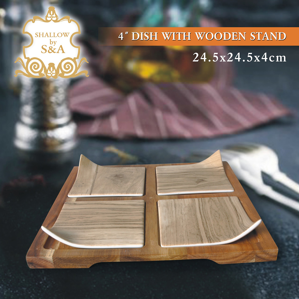 4*dish with wooden stand - Image 2