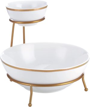 Shallow Chip & Dip Bowl Set with Gold Stand & Decal (4.75/9.25 Inch)