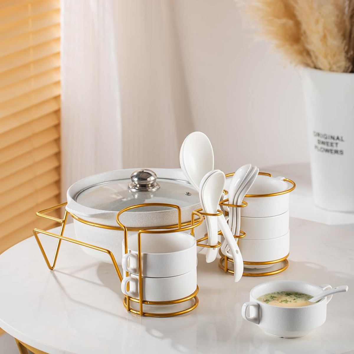 Shallow Soup Set with Matt Fleck Gold (82865, White) 15 Pieces - Image 2