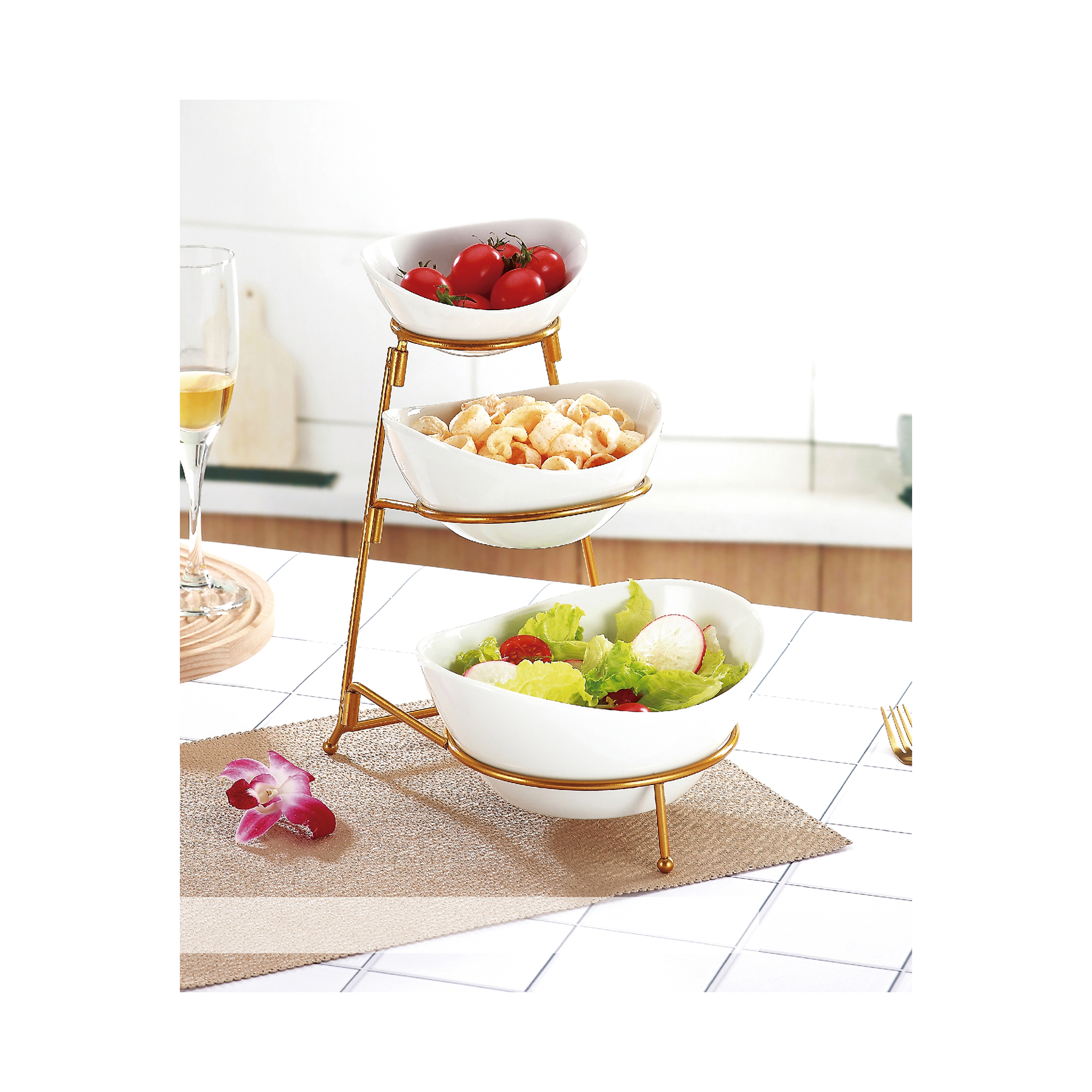Shallow 3 Tier Bowl with Gold Stand (7.5, 6, 5 Inch) - Image 2