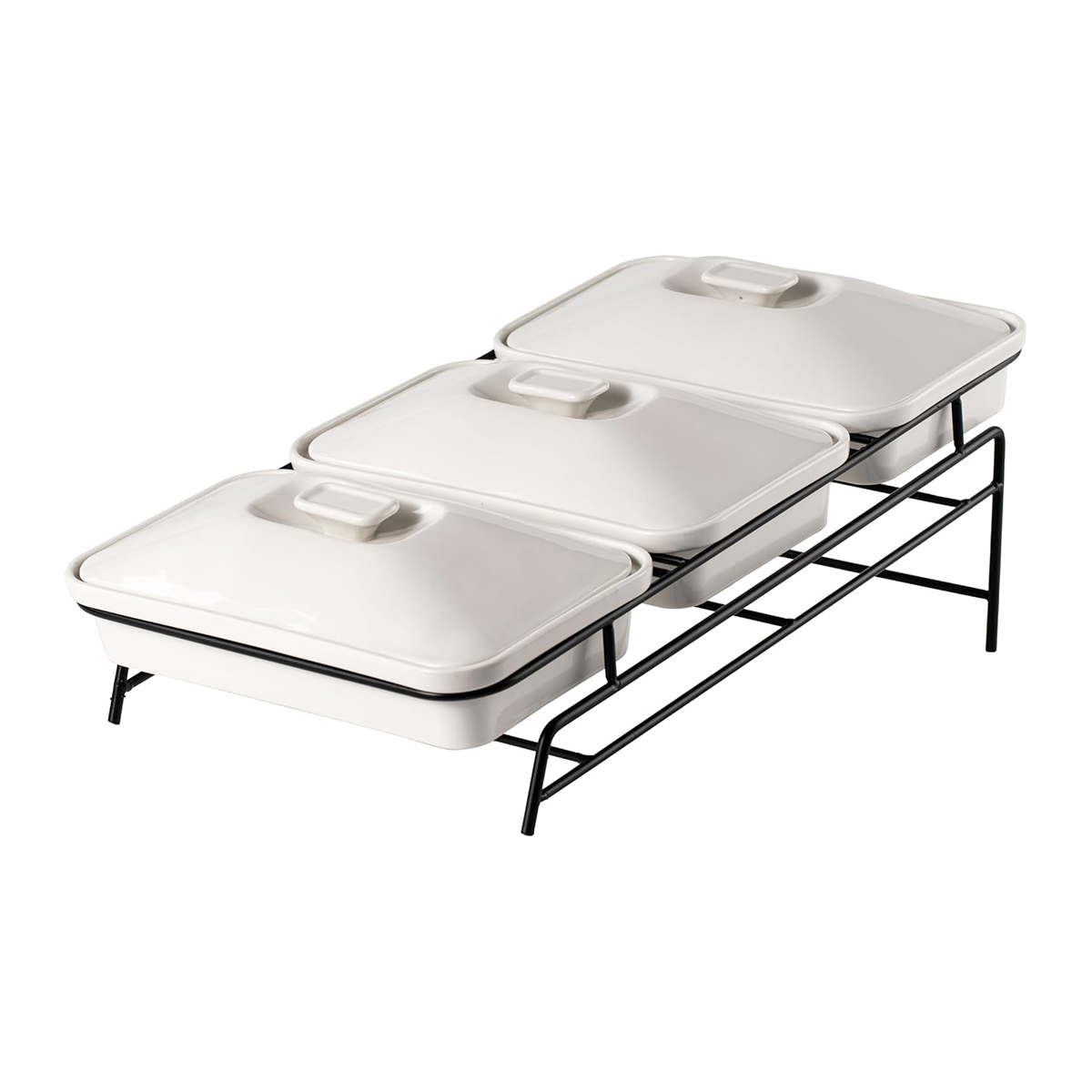 Shallow 3 Tier Casserole Set with Black Stand (30 cm x 3, White)