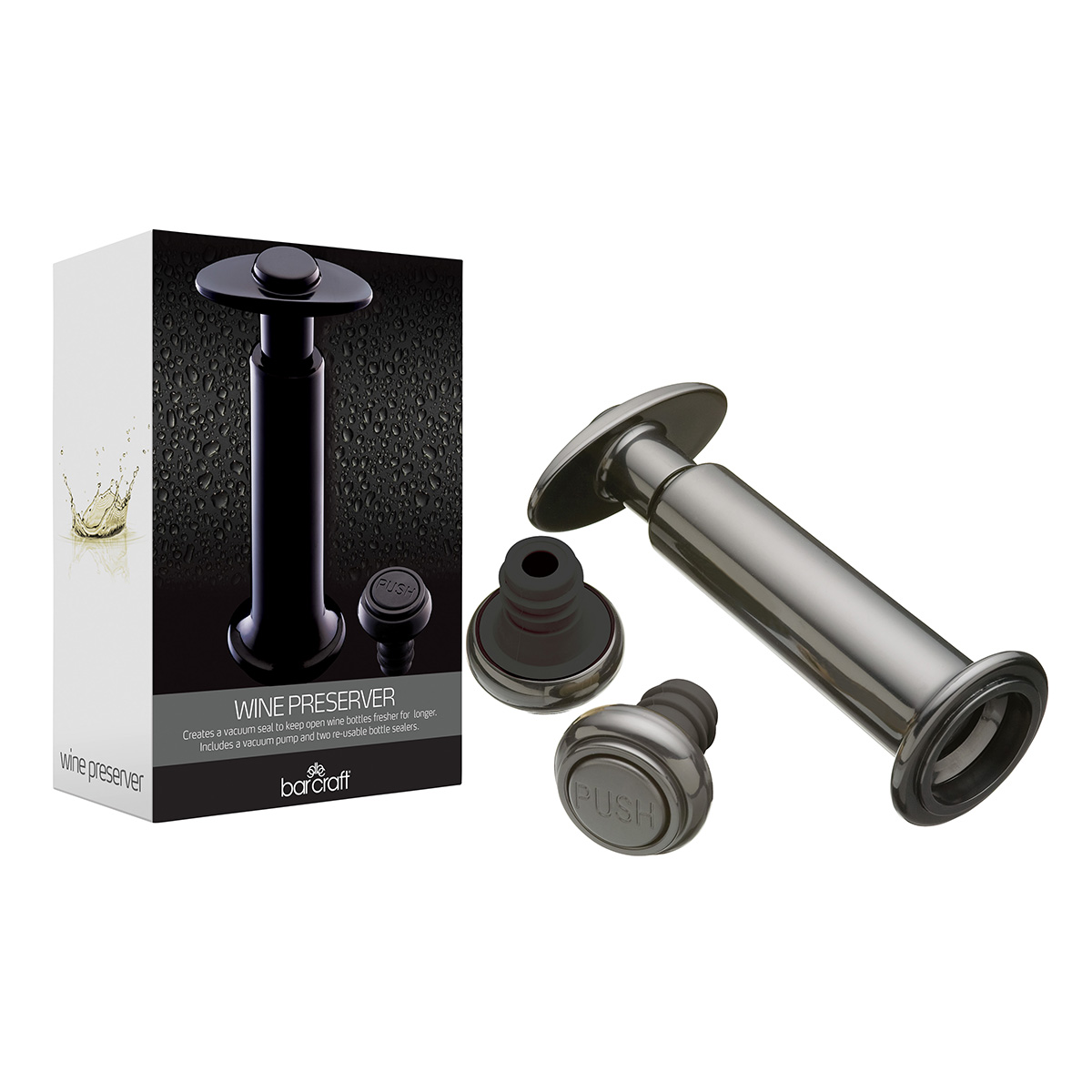 BarCraft Wine Saver Pump with Two Stoppers and Pump, Gift Boxed