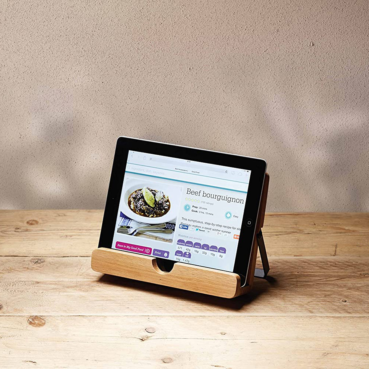 KitchenCraft Natural Elements Eco-Friendly Acacia Wood Cookbook Stand/Tablet Stand, Sleeved - Image 2