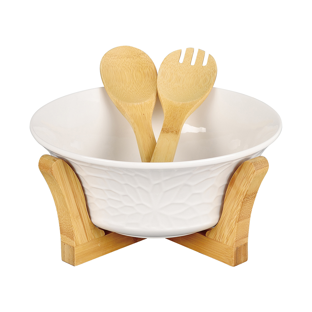 Shallow Salad Bowl with Bamboo Stand (24 x 24 x 12)