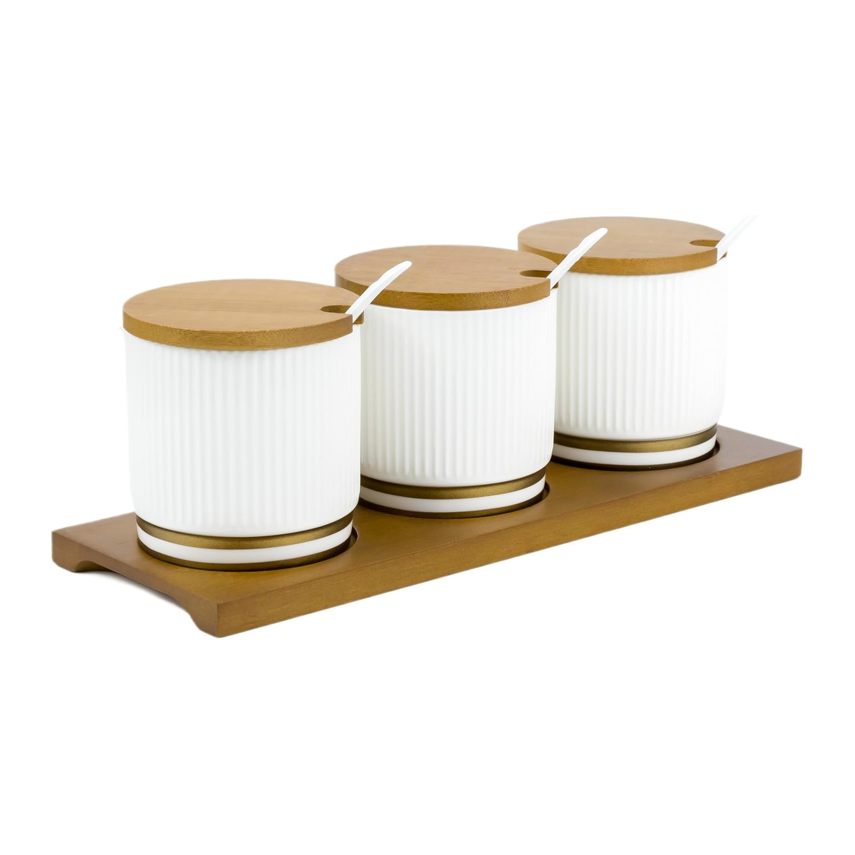 Shallow Verde 3 Compartment Condiment Set with Bamboo Tray, White - Image 3