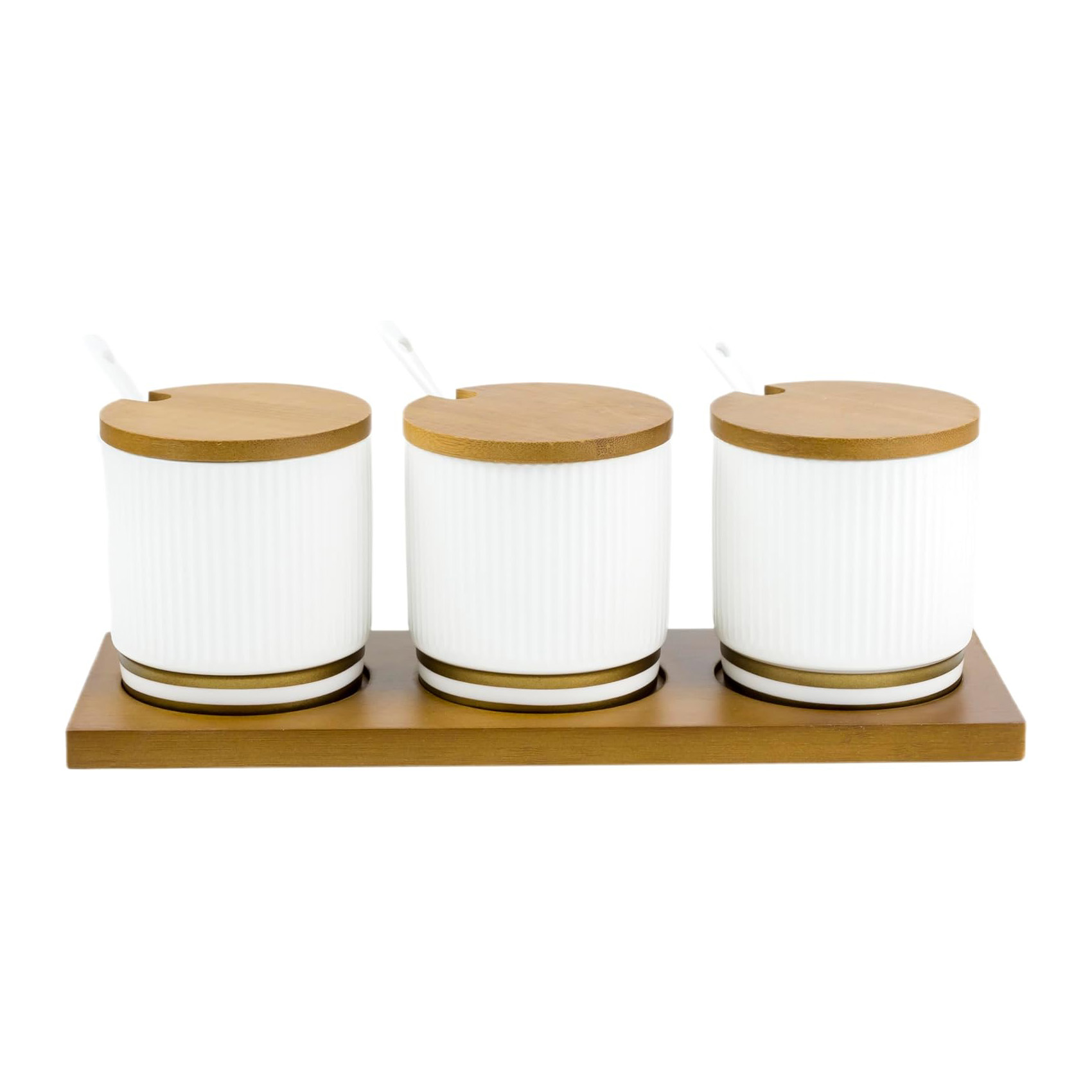 Shallow Verde 3 Compartment Condiment Set with Bamboo Tray, White - Image 2