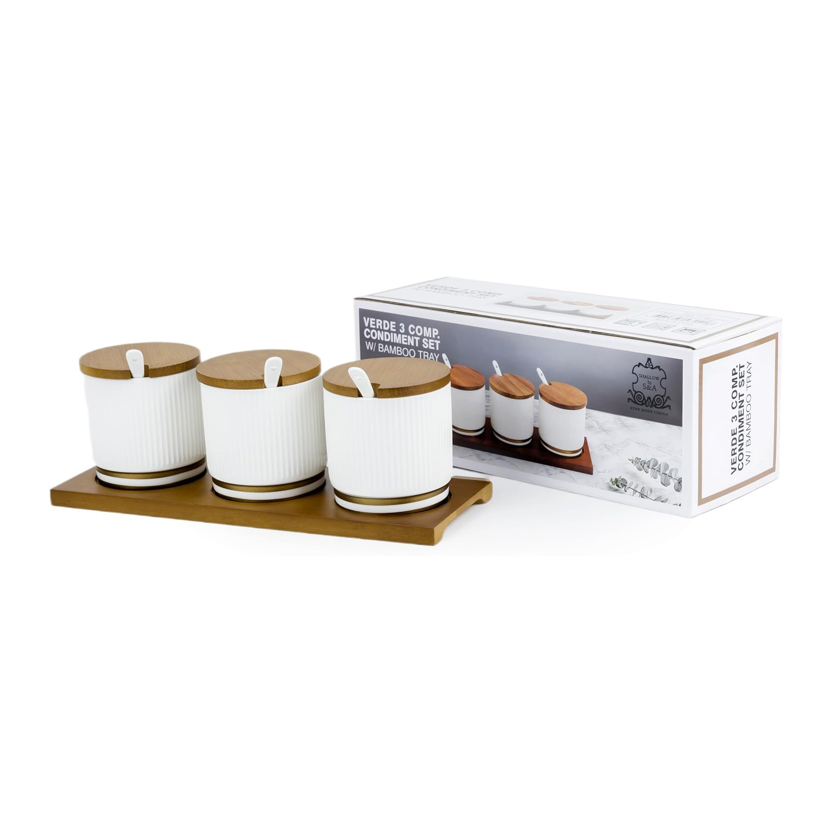 Shallow Verde 3 Compartment Condiment Set with Bamboo Tray, White