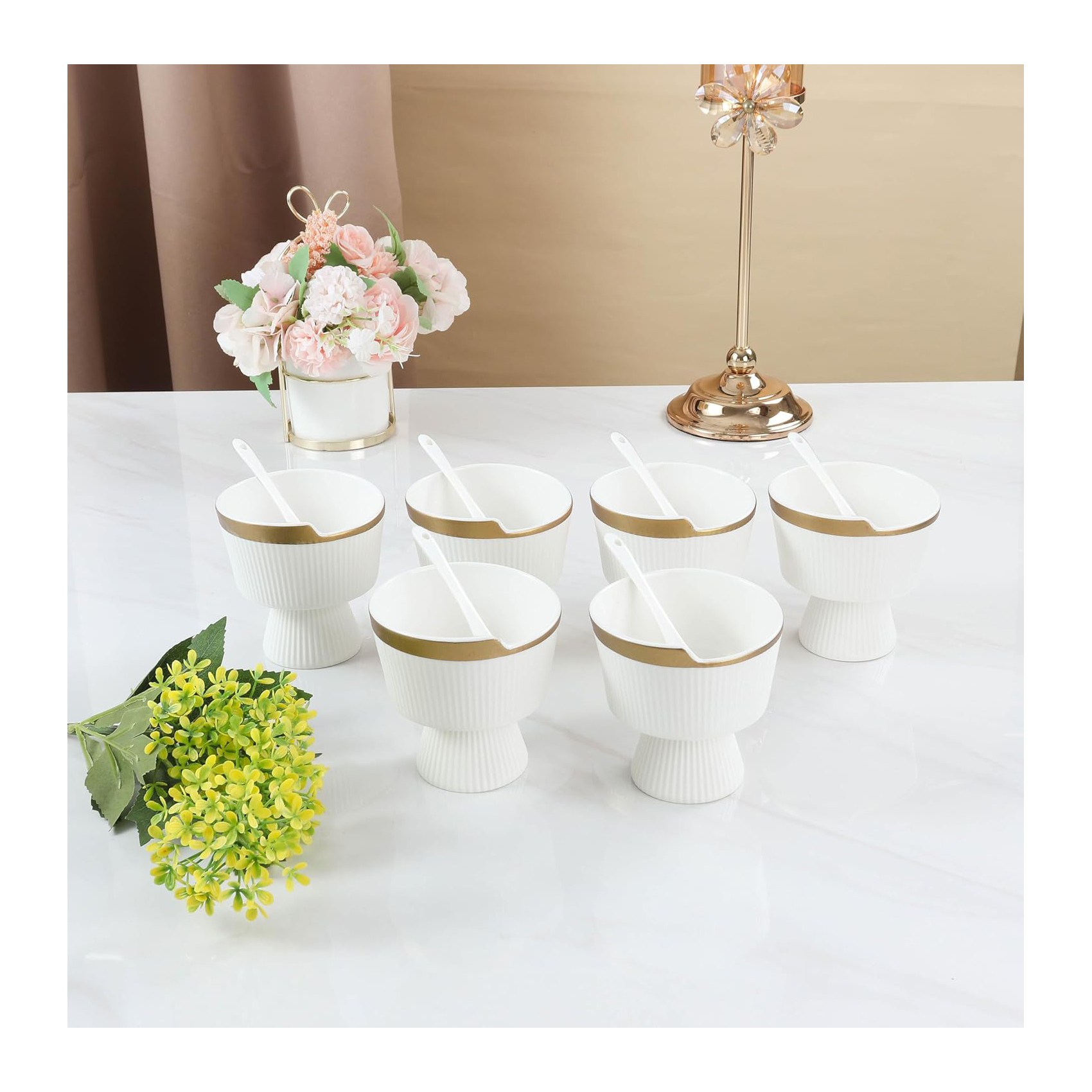 Shallow Verde Ice Cream Bowl with Spoon, White (Set of 6) - Image 3