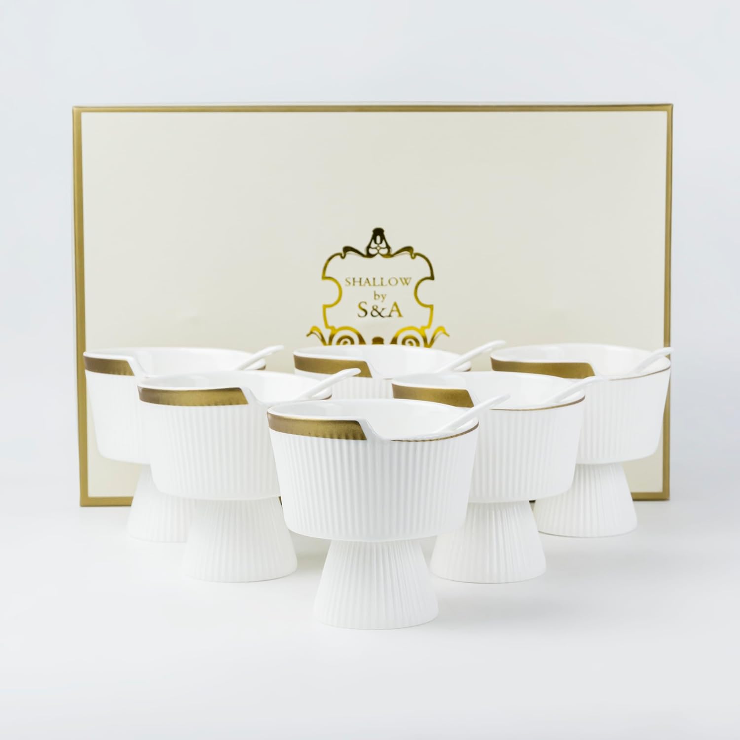 Shallow Verde Ice Cream Bowl with Spoon, White (Set of 6) - Image 4