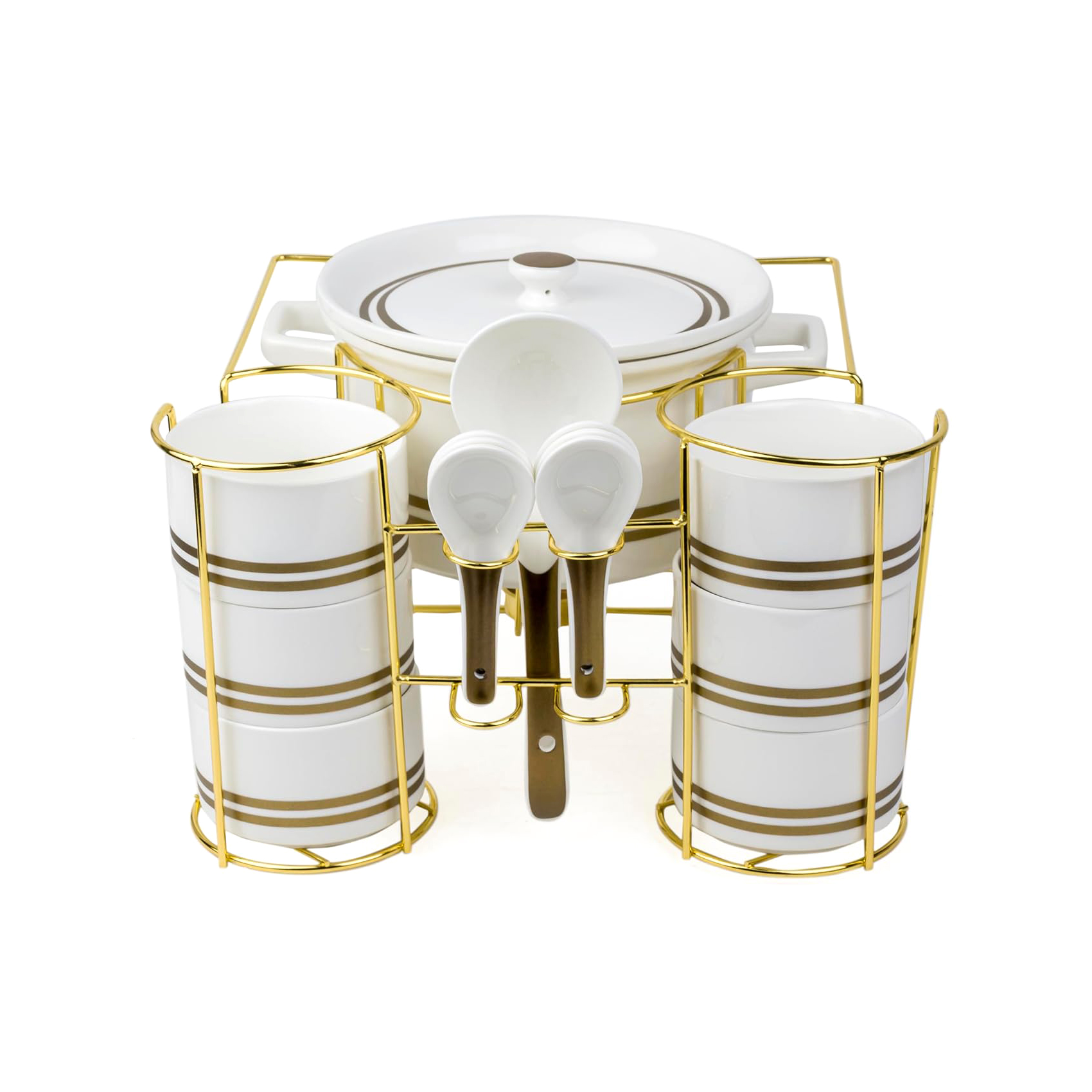Shallow Verde Soup Set with Gold Stand, White, 16 Pieces - Image 6