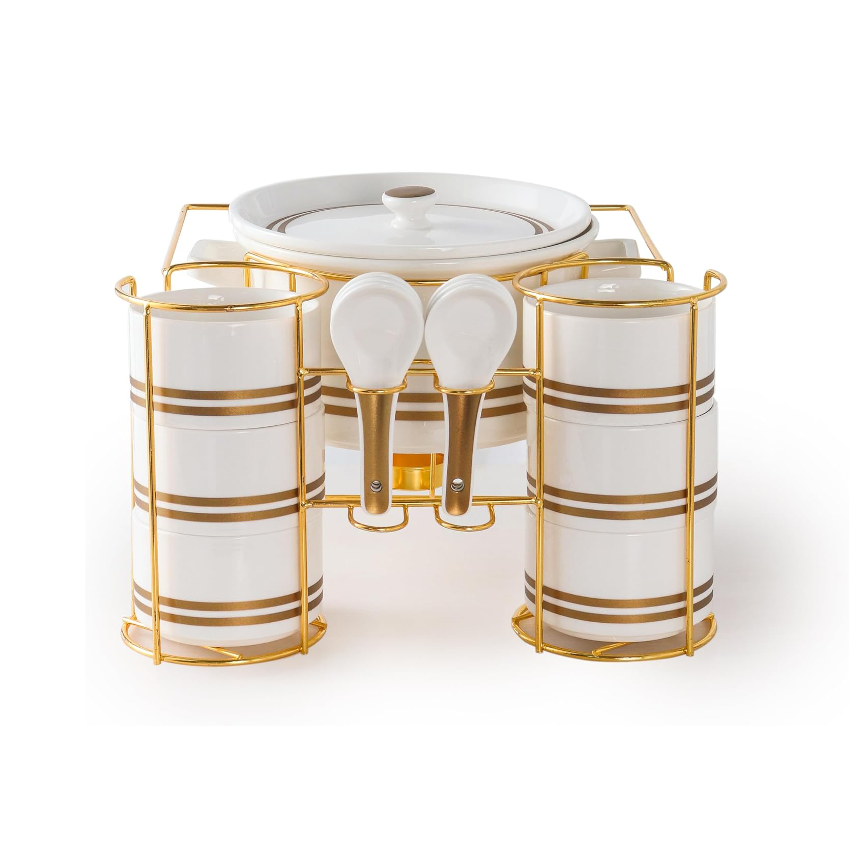 Shallow Verde Soup Set with Gold Stand, White, 16 Pieces