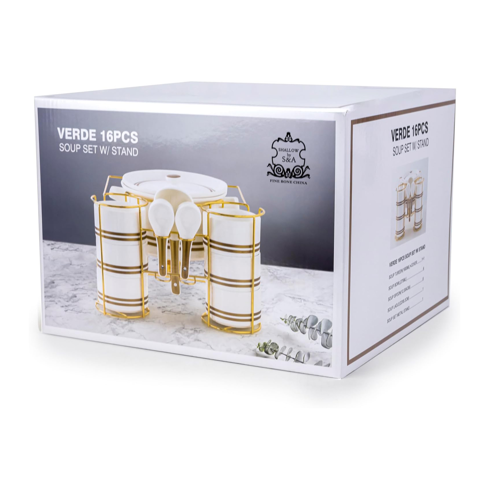 Shallow Verde Soup Set with Gold Stand, White, 16 Pieces - Image 5