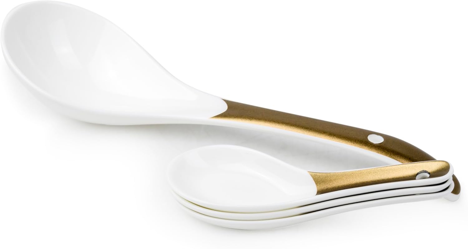 Shallow Verde Soup Set with Gold Stand, White, 16 Pieces - Image 2