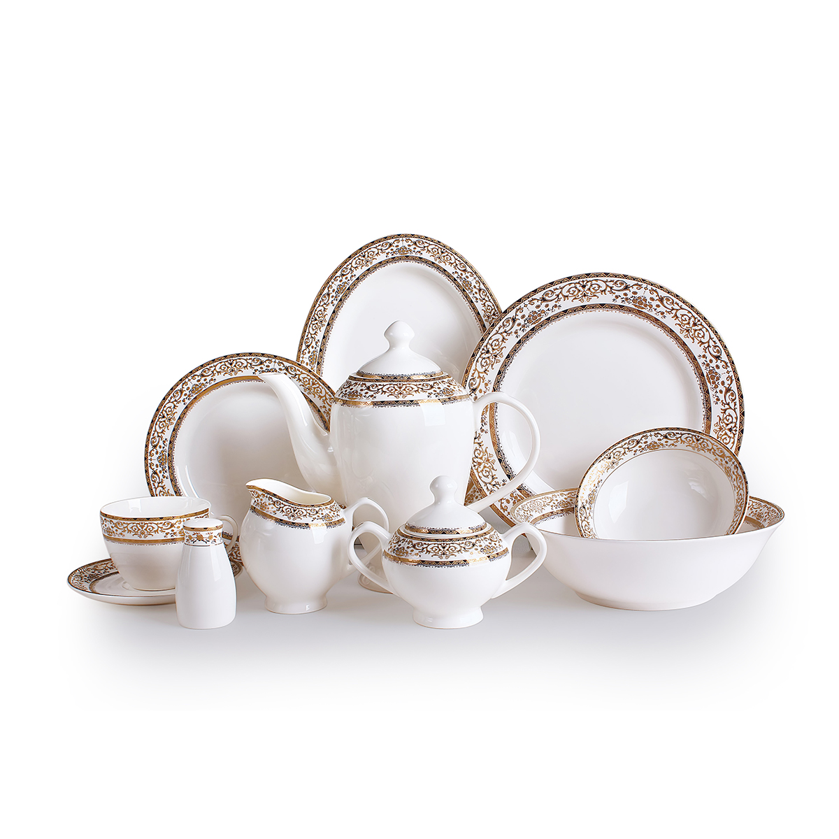 Shallow Arabia Bone China Dinner Set, 47 Pieces, White