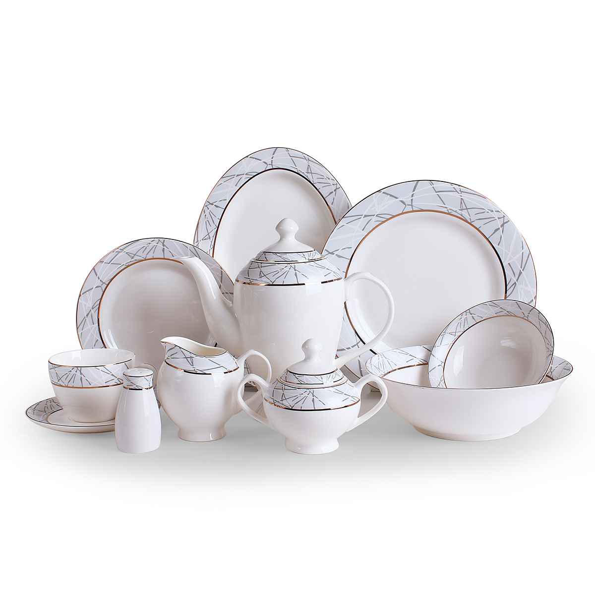 Shallow Bone China Artisan Dinner Set, White, 47 Pieces