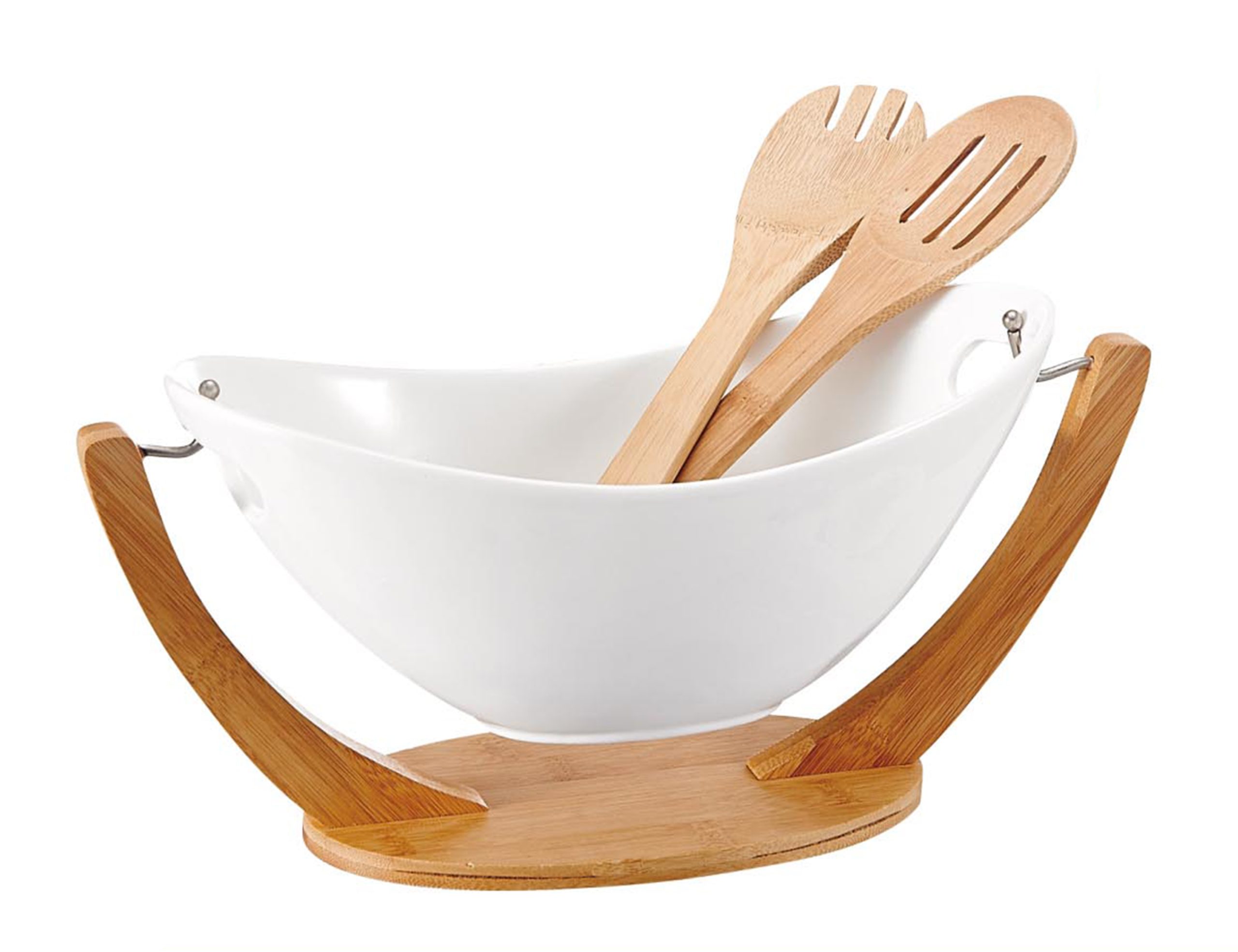 Shallow Salad Bowl with 2 Spoon & Bamboo Hanging Stand