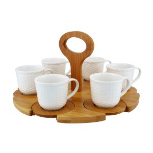 Shallow Coffee Set W/6Cups+6 Bamboo Saucer & Stand