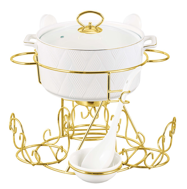 Shallow Luxury Ash 17 Piece Porcelain Soup Set with Gold Stand - White - Image 2