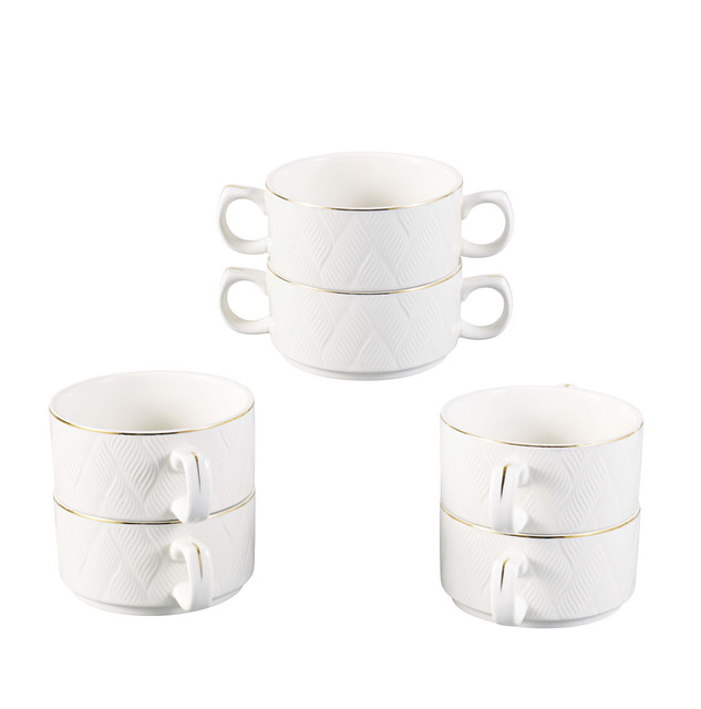 Shallow Luxury Ash 17 Piece Porcelain Soup Set with Gold Stand - White - Image 3