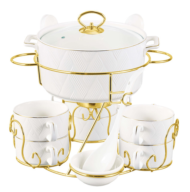 Shallow Luxury Ash 17 Piece Porcelain Soup Set with Gold Stand - White - Image 4