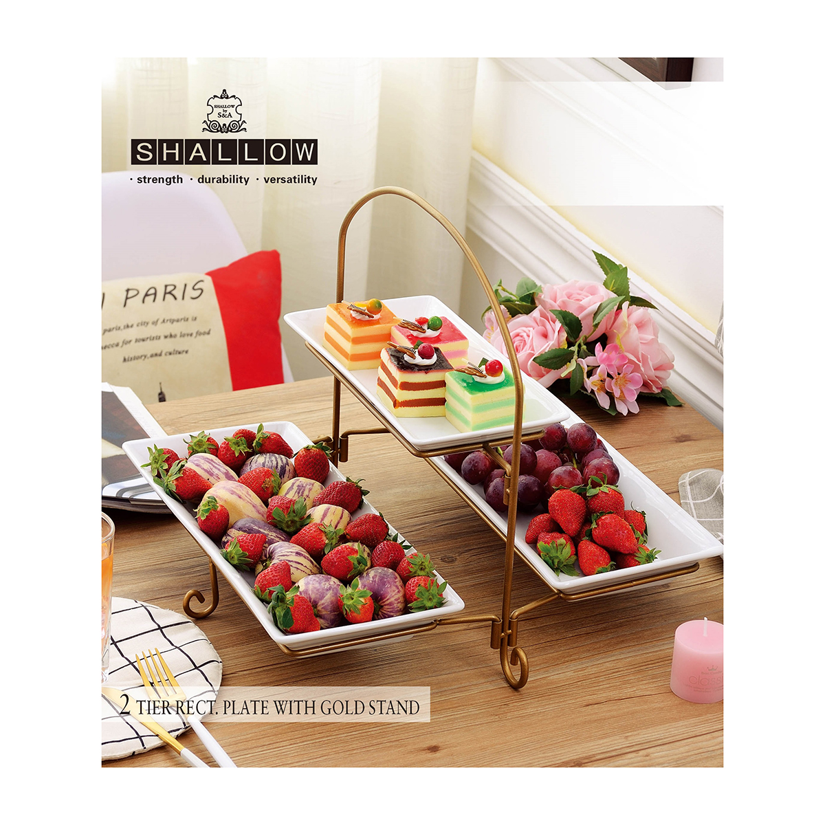 Shallow 2 Tier Rectangle Plate with Gold Stand (10.5/14.5 inch) - Image 2
