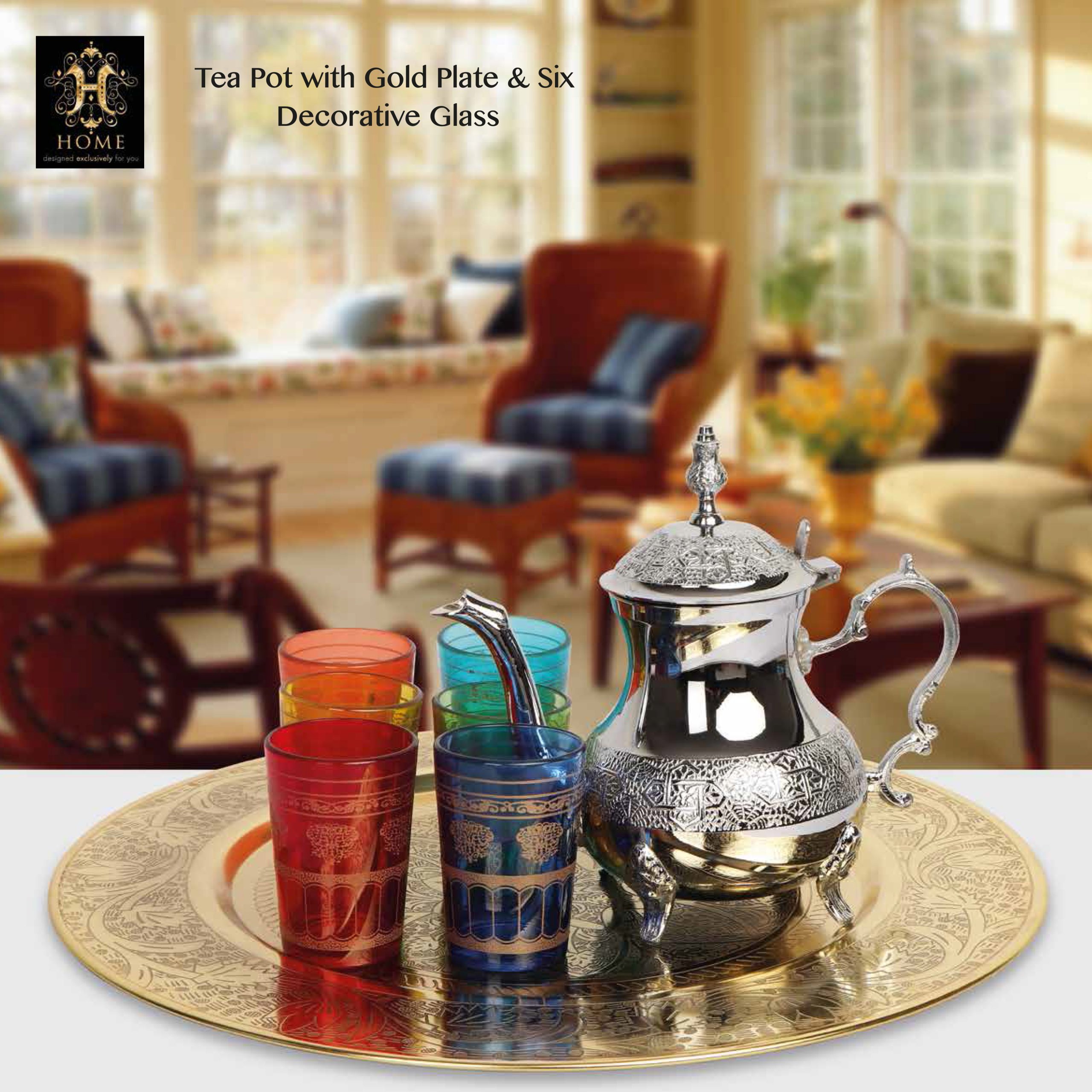 Home Tea Pot with Plate with 6 Glass, Gold (4175) - Image 2