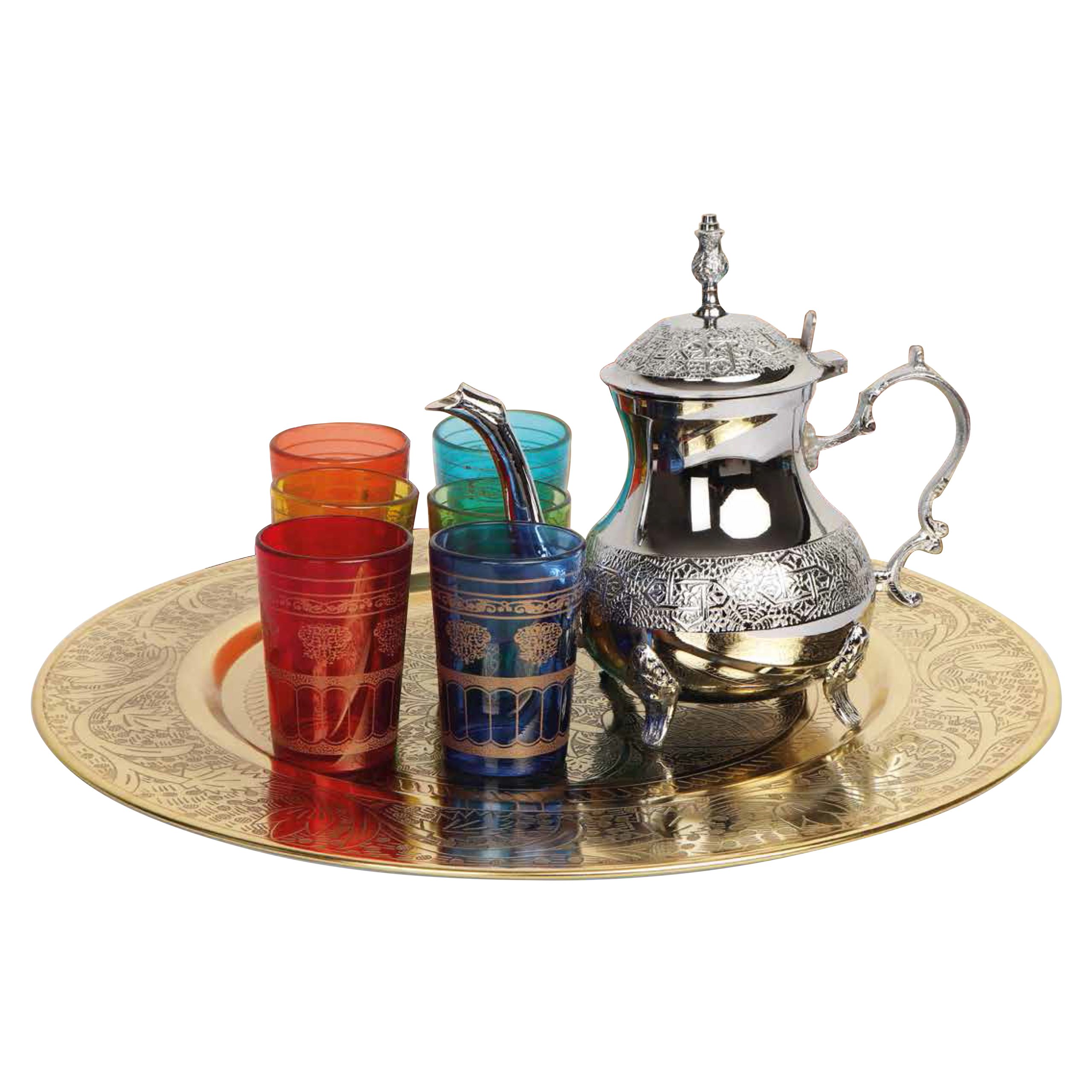 Home Tea Pot with Plate with 6 Glass, Gold (4175)