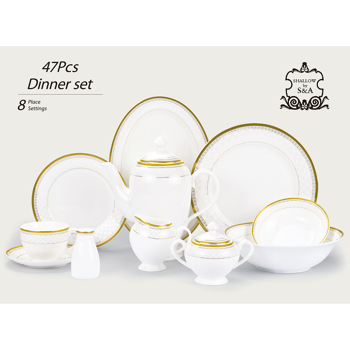 Shallow Polka New Bone China Dinner Set, 47 Pieces - Image 2