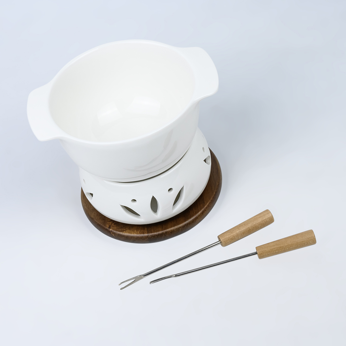Shallow Acacia+Porc. Single 4Pcs Fondue Set 16Cm - Image 2
