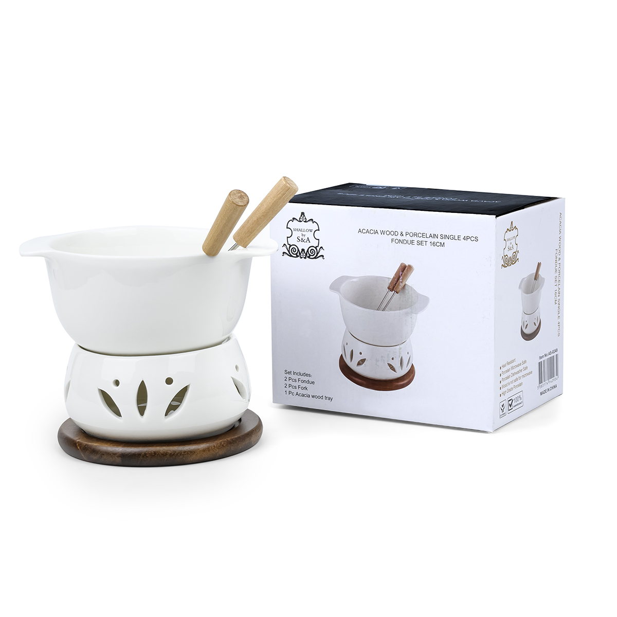 Shallow Acacia+Porc. Single 4Pcs Fondue Set 16Cm