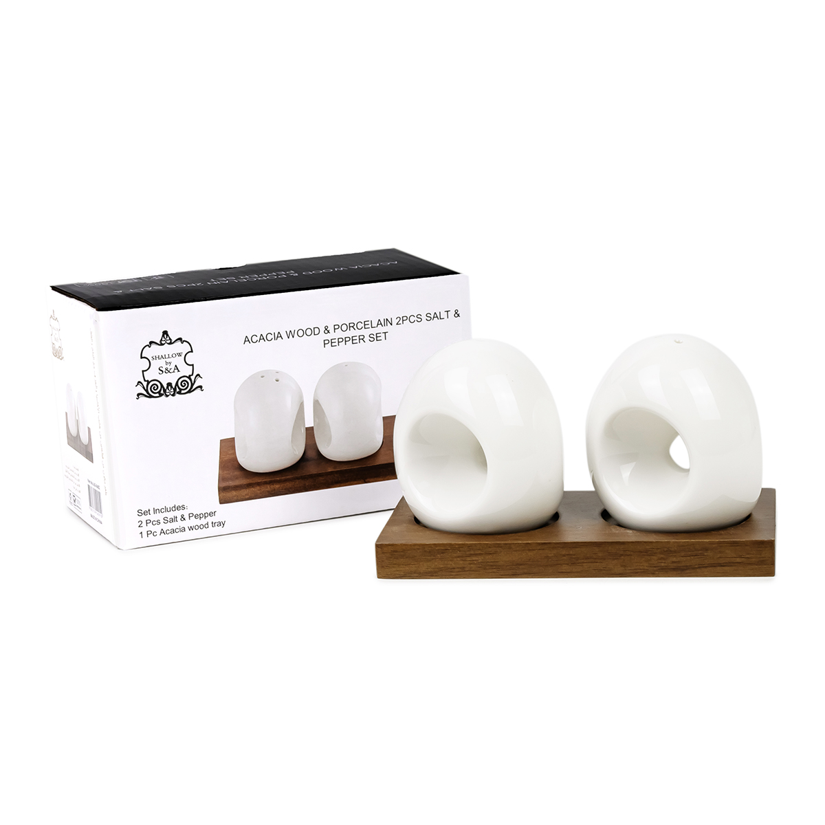Shallow Acacia+Porc. 2Pcs Salt & Pepper Set - Image 2
