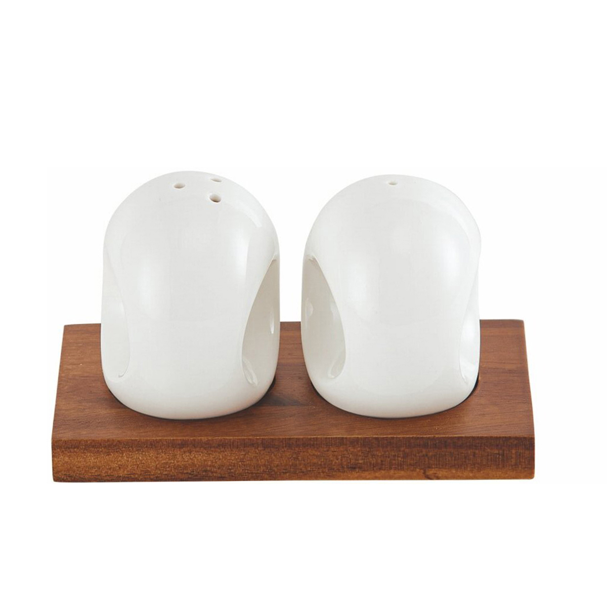 Shallow Acacia+Porc. 2Pcs Salt & Pepper Set