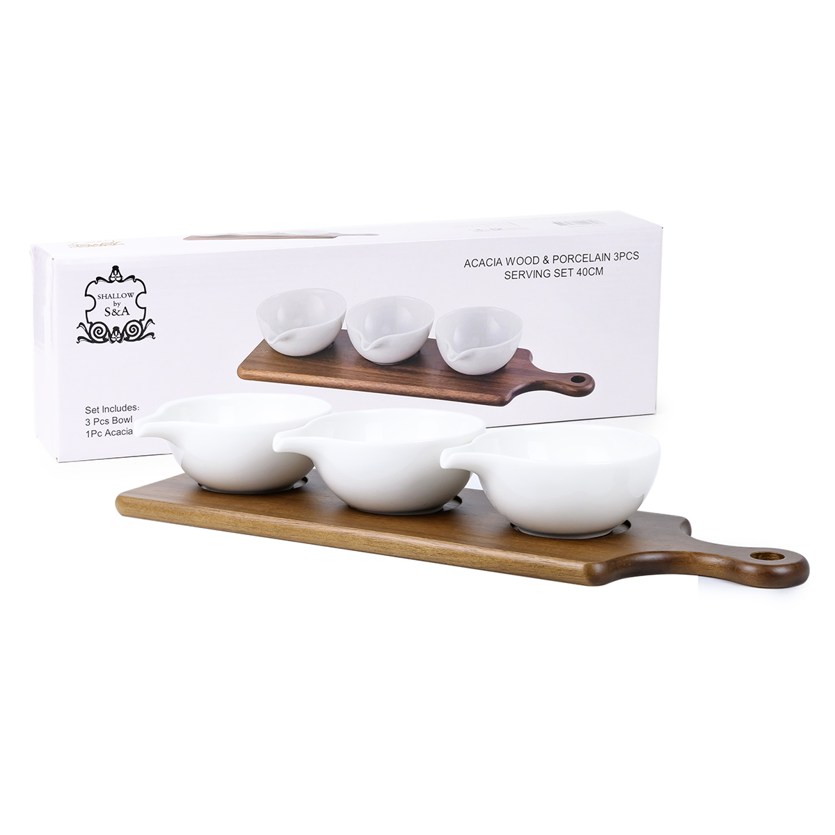 Shallow Acacia+Porc. 3Pcs Serving Set 40Cm