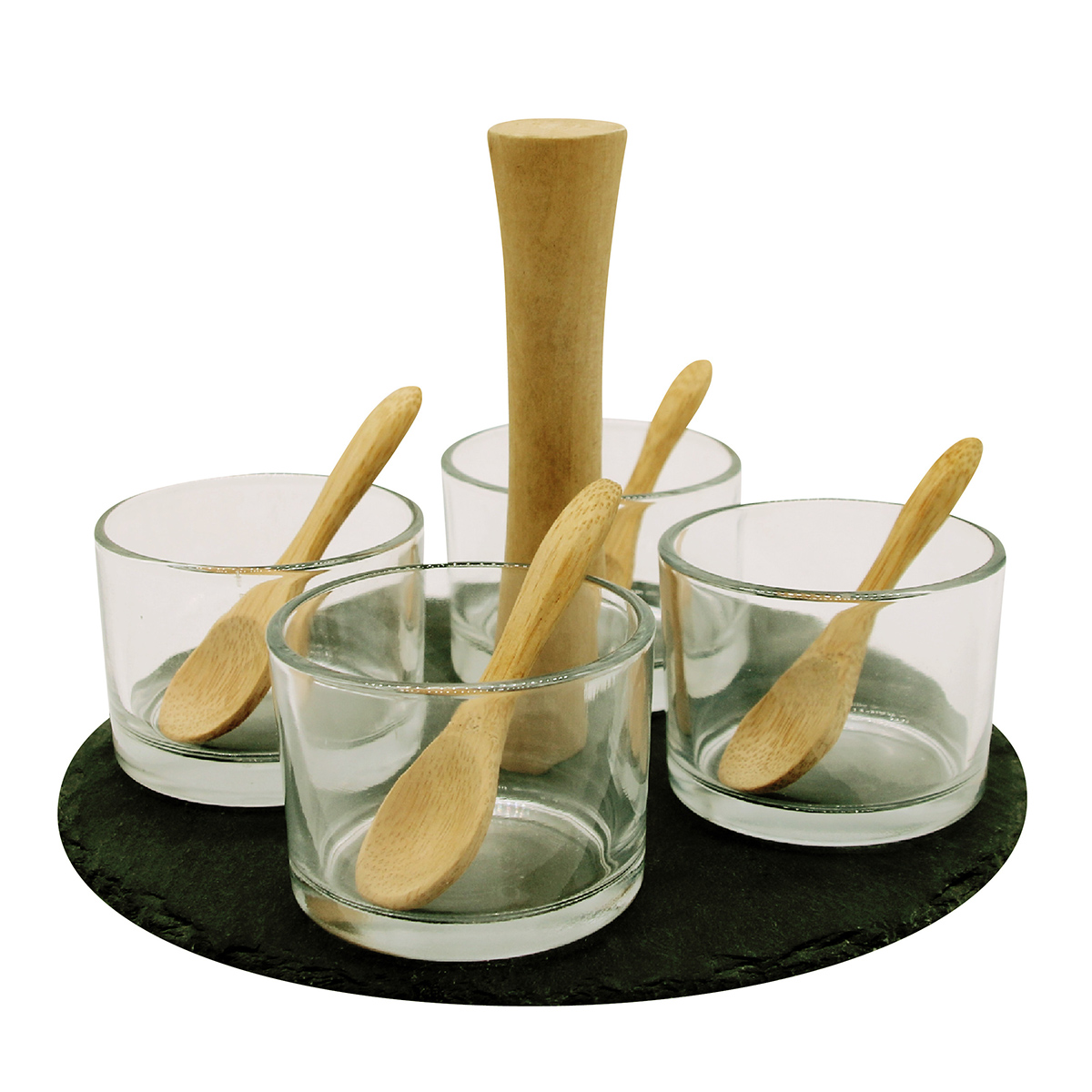 Cuisine Art Round Slate Serving Set W/ 4 Glass Bowls