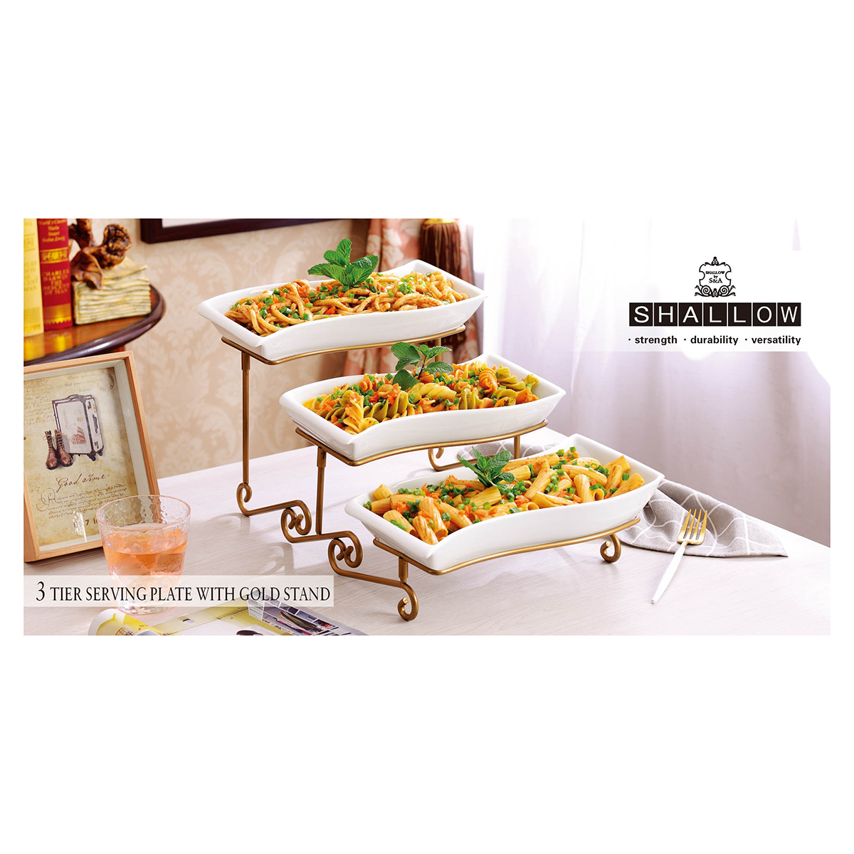 Shallow 12" 3 Tier Serving Plate With Gold Stand - Image 2