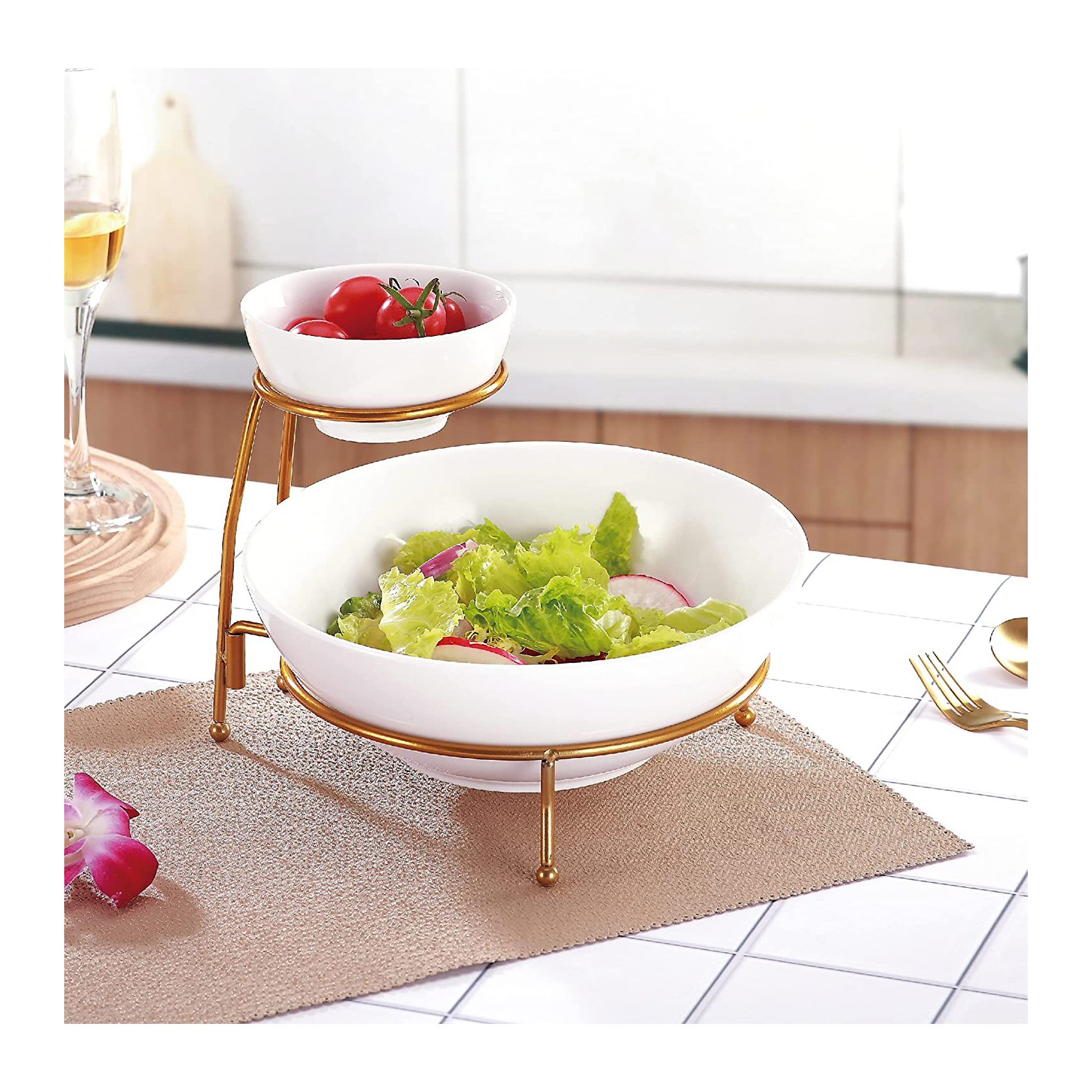 Shallow Chip & Dip Bowl Set With Gold Stand - Image 2