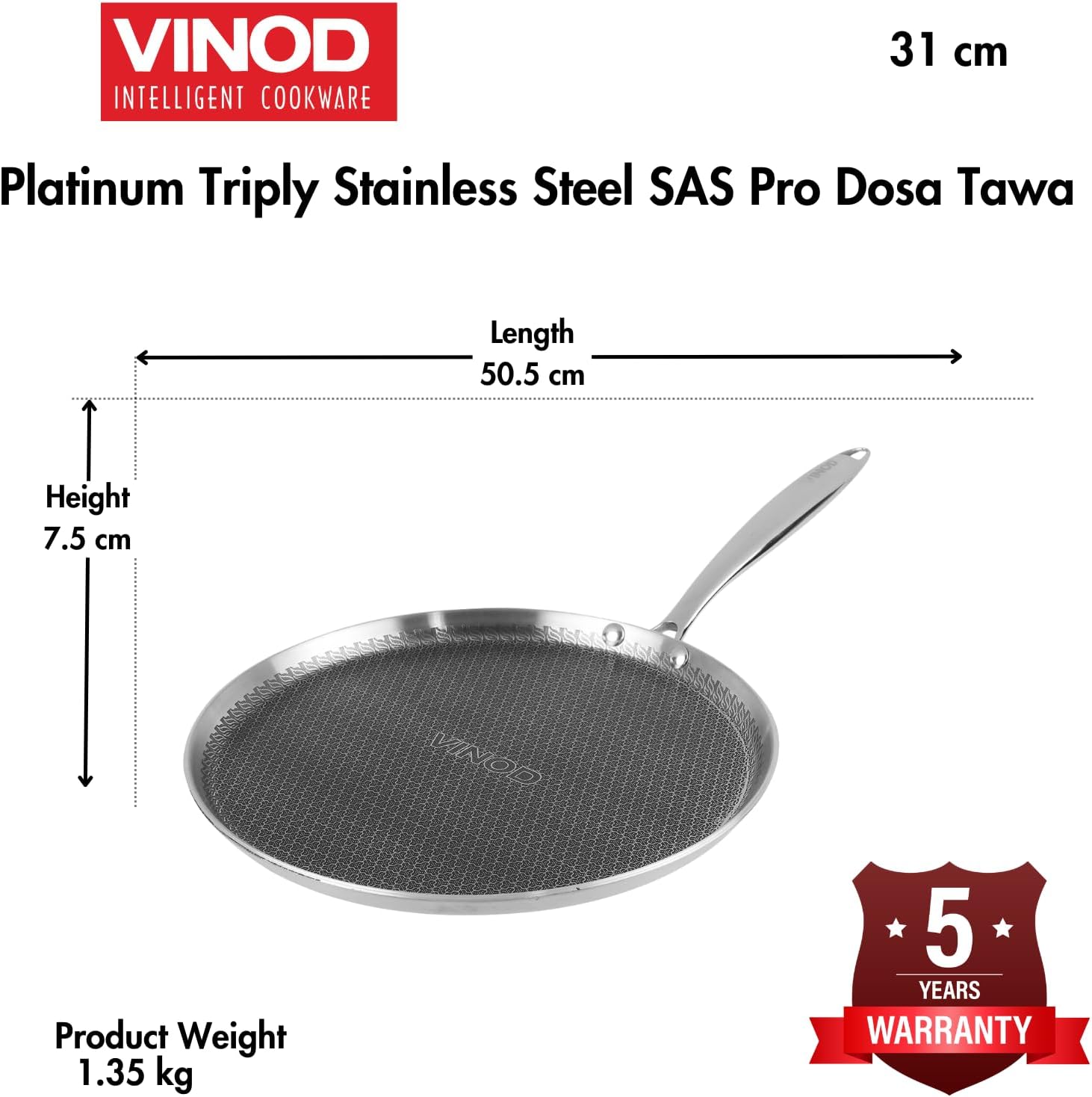 Vinod Platinum Triply Stainless Steel SAS Pro Dosa Tawa - 31 cm (Induction Friendly, 4mm Thick) - Image 5