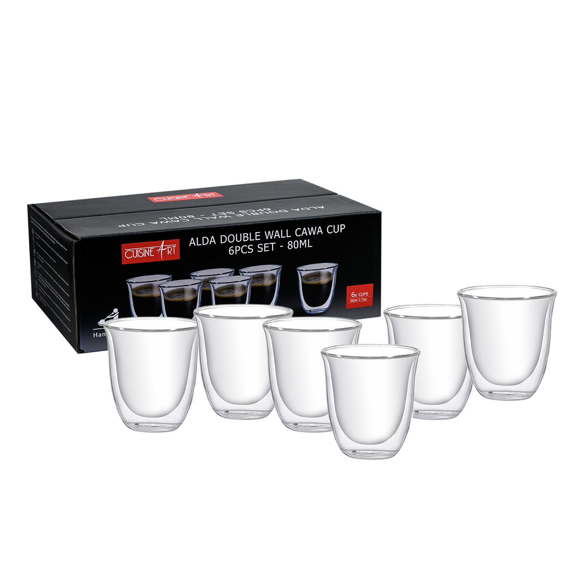 Cuisine Art High Borosilicate Glass Alda Double Wall Cup, Transparent, 80ml, Set of 6