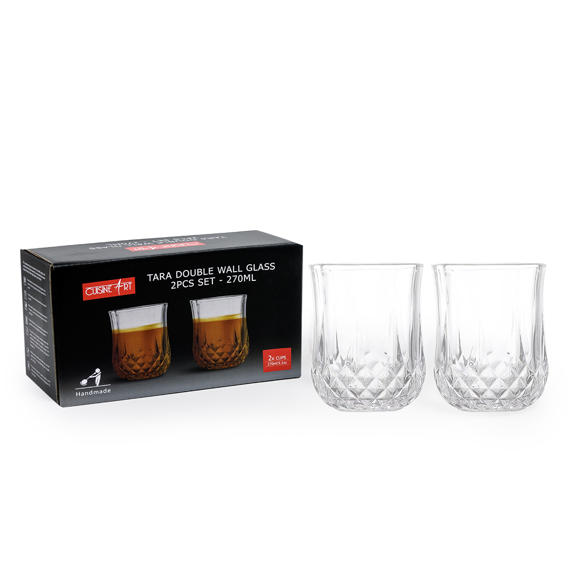 Cuisine Art High Borosilicate Glass Tara Double Wall Glass, Transparent, 270ml, Set of 2 - Image 2